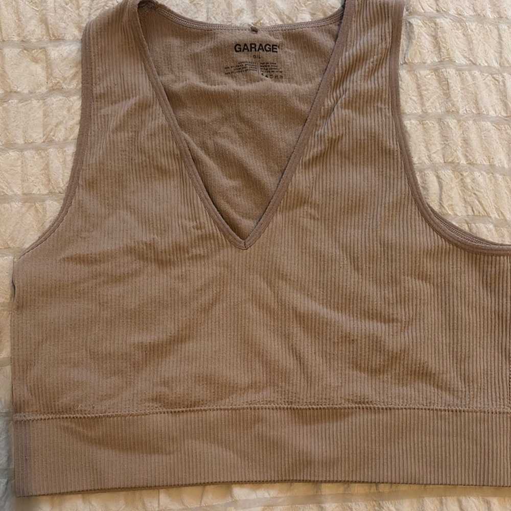 Garage Tan Ribbed V-Neck Crop Top
